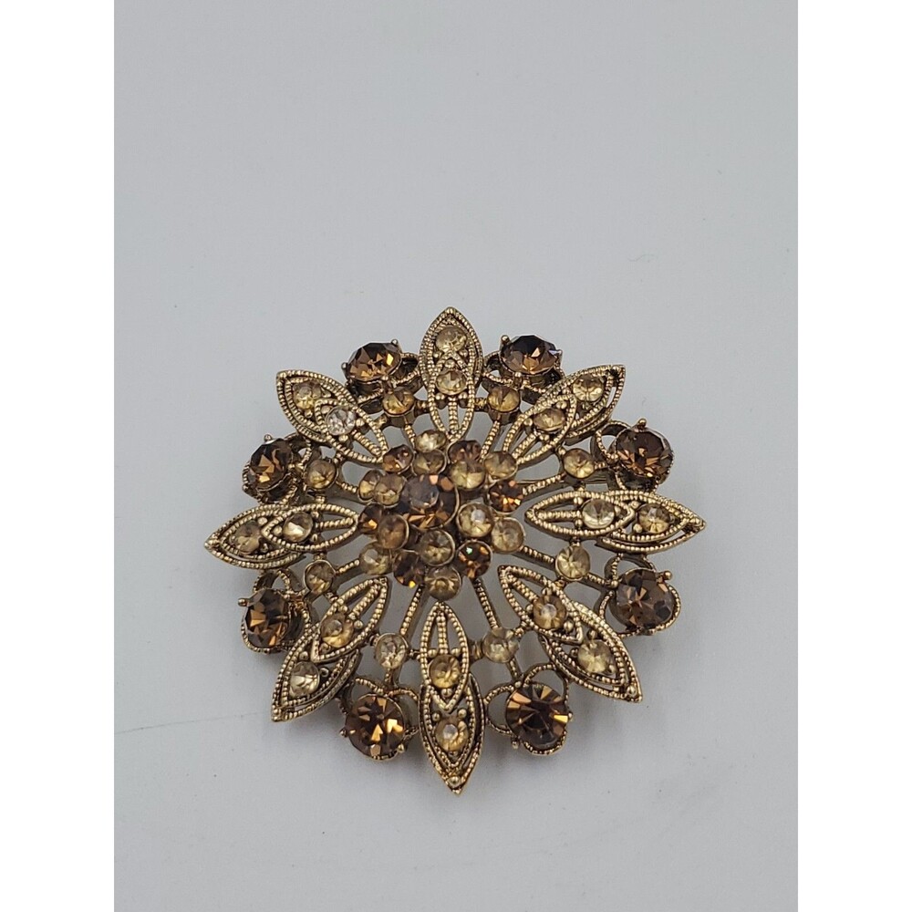Vintage Round Floral Brooch Brown Rhinestone Gold Tone